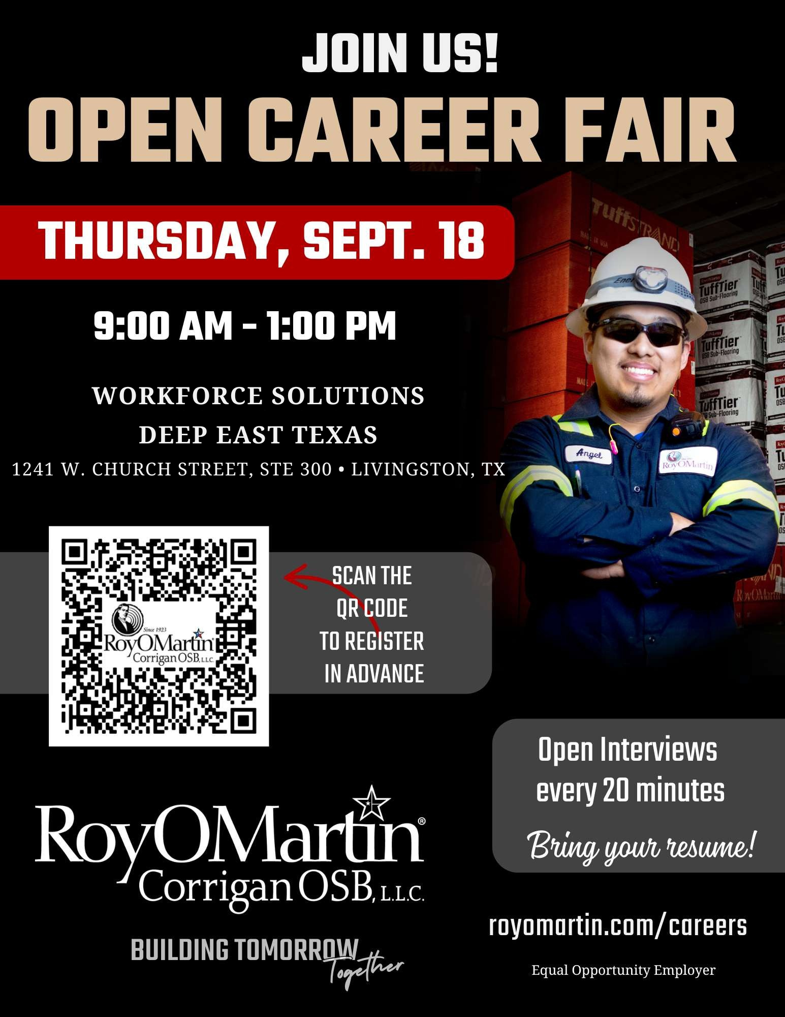 RoyOMartin hiring event at the Workforce Center in Polk County (1241 W. Church Street, Livingston, Texas) on Thursday, September 18, from 9:00 AM - 1:00 PM. Bring your resume and be prepared for on-the-spot interviews.